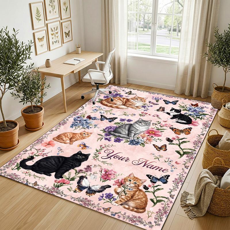 Cat Theme Crystal Velvet Rug Personalized Custom Name Text Soft Floor Mat Home Decor
