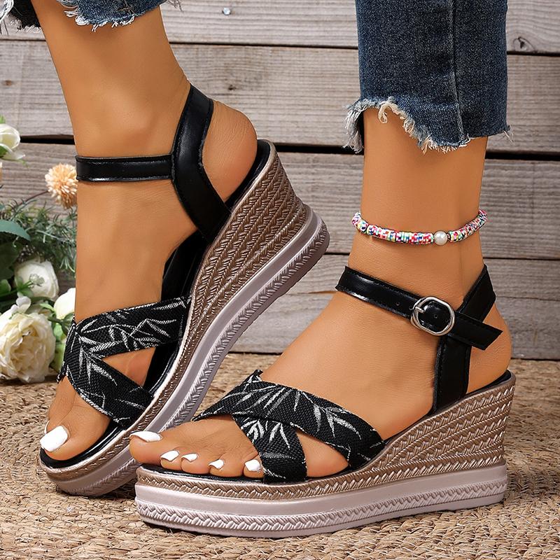 Fashion Leaf Print Cross Strap Wedge Sandals Women 2025 Summer Buckle Strap Platform Sandals Woman Comfort Thick Bottom Beach Sandalias