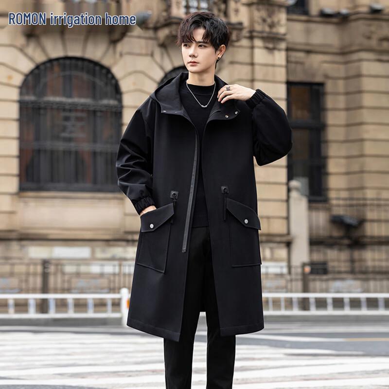 ROMON Men's Mid-length Hooded Trench Coat