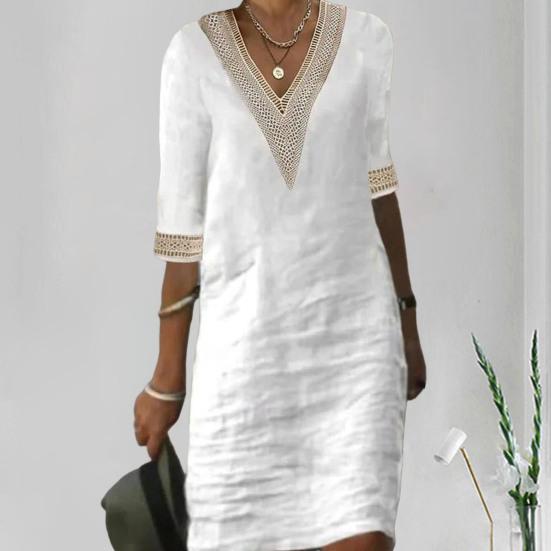 V-neck Half Sleeve Thin Beach Dress Women Elegant Lace Stitching Casual Dress Streetwear