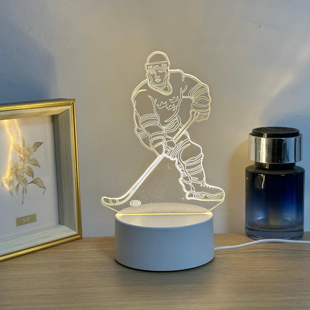 Ice hockey player 3D night light, modern geometric design- USB power supply, warm glow, creative desktop and bedroom decoration,