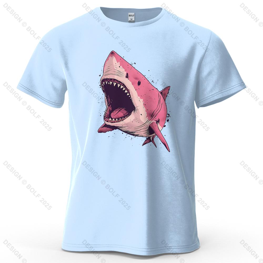 Pink Shark Cartoon Pattern Printed Short Sleeved Summer New Personalized Unisexs and Womens Casual Soft Skin Friendly Tshirt