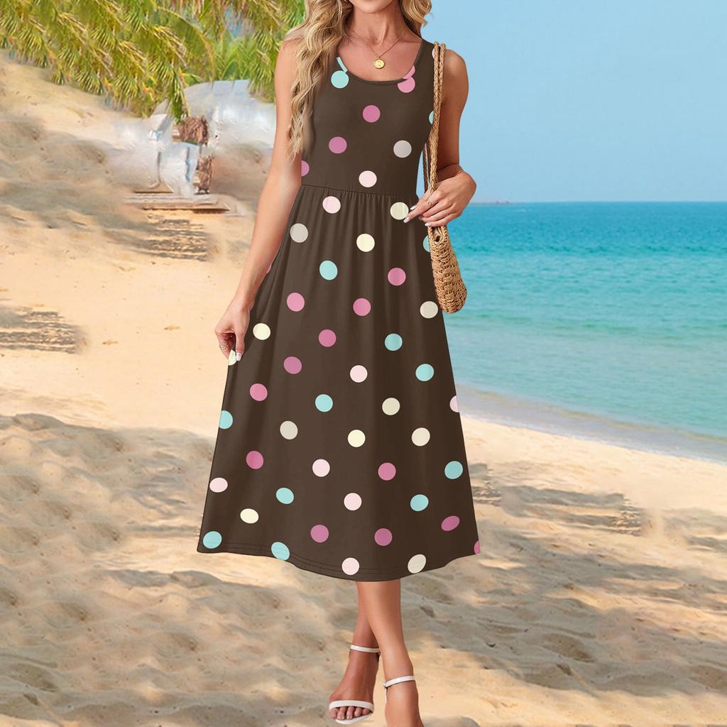 Women's Polka Dot Summer Dress, Casual Flowy Beach Sundress with Pockets, Lightweight Vacation Outfit