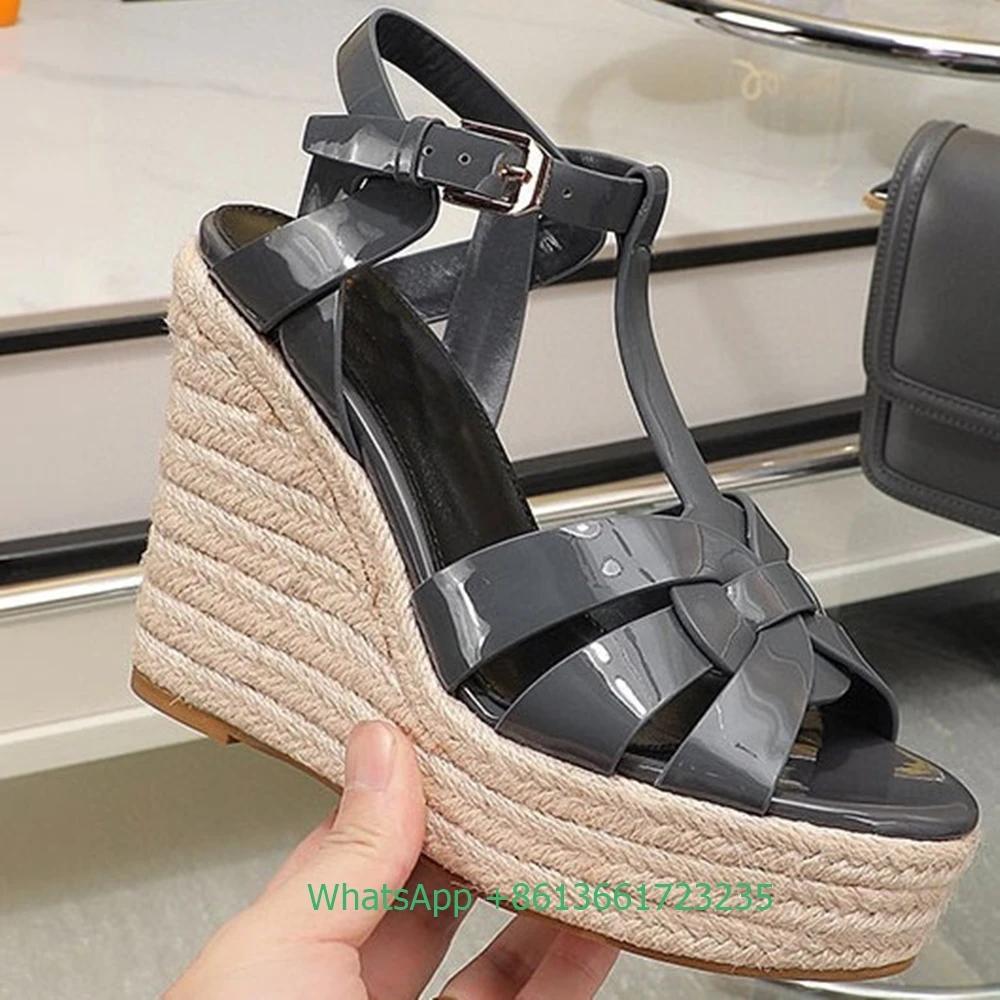 Fashion Cross Straps Open Toe Wedges Women Sandals Solid Color Open Toe Real Patent Leather Espadrilles Shoes Newest Summer 14cm Heels