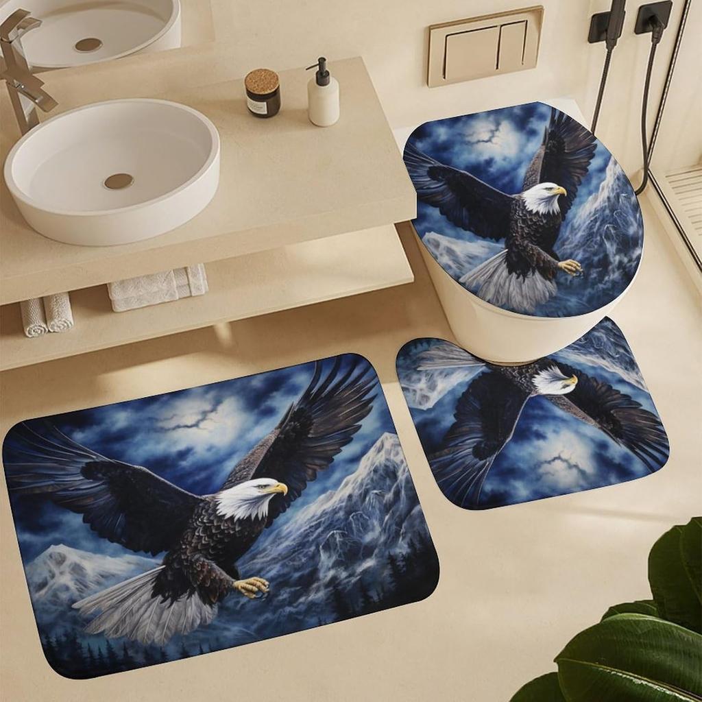 Balkabağı Kartalı Duş Perdesi Setleri Halılarla 4 Parça, Banyo Tuvalet Banyo Paspası için Dekor, 3D Baskı, Mavi Soyut Yabani Hayvan Vatansever Kuş Polyester