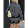 Women Lace Splicing Striped Long Sleeve Shirt And Drawstring Shorts Two Piece Set