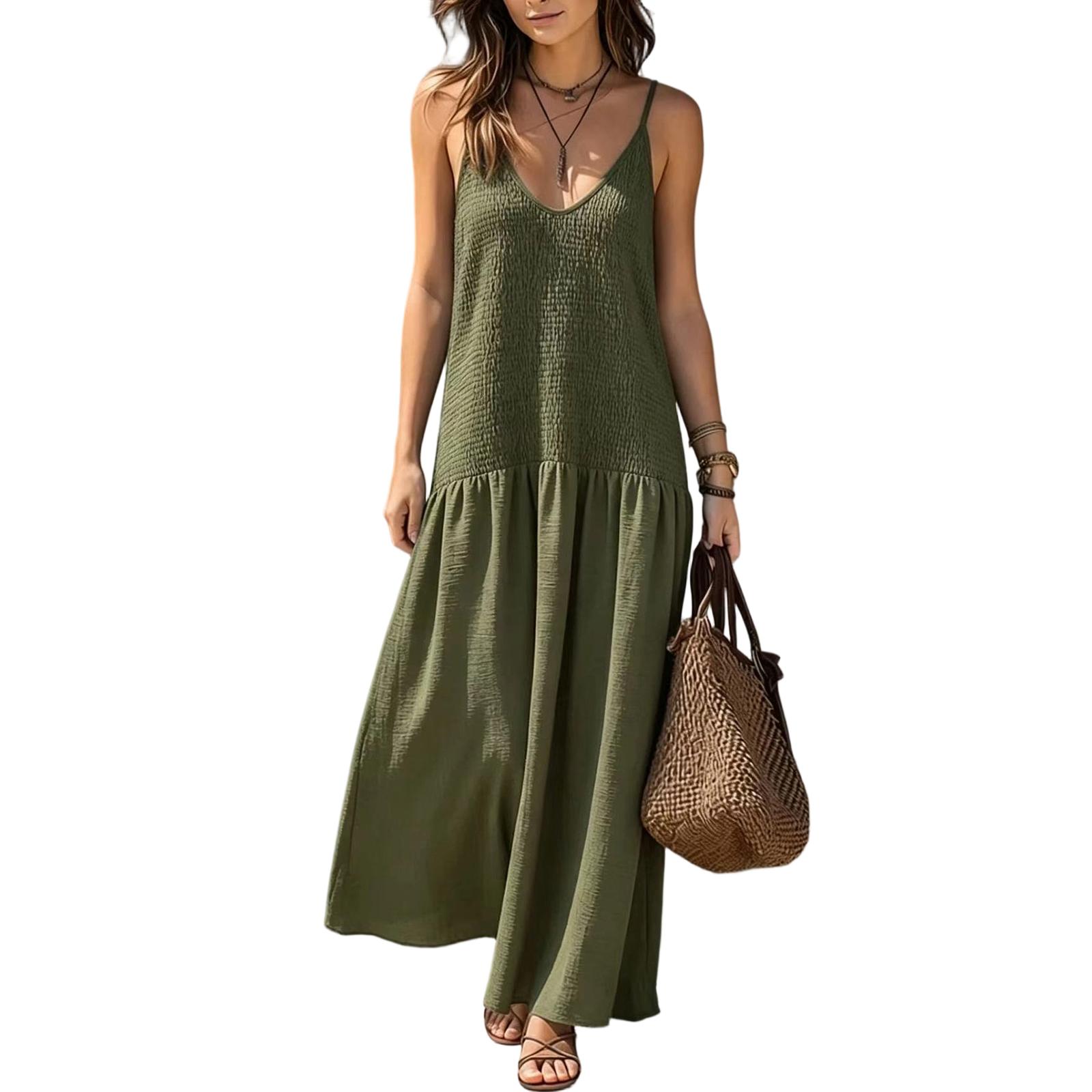 Women Vintage Bohemian Style Backless Ruched Design Spaghetti Strap Long Dress Vacation Beach Maxi Dress L