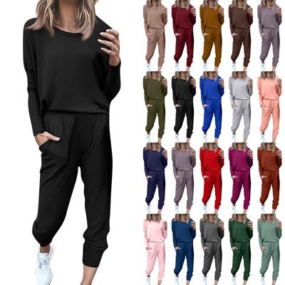 Sets For Women 2 Piece Round Neck Long Sleeve Shirts Colid Sweatpants Pocket Sets