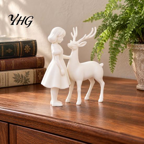 Study Room Desktop Decorations Girl And Deer Figurine, 3D Printed White Artistic Statue, Tabletop Fairy Tale Style Home Decor Ornament Sculpture