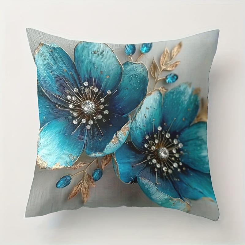 4 Pack Azure Flower Cushion Covers 45x45cm Artistic Botanical Print with Metallic Details for Modern Living Room Decor