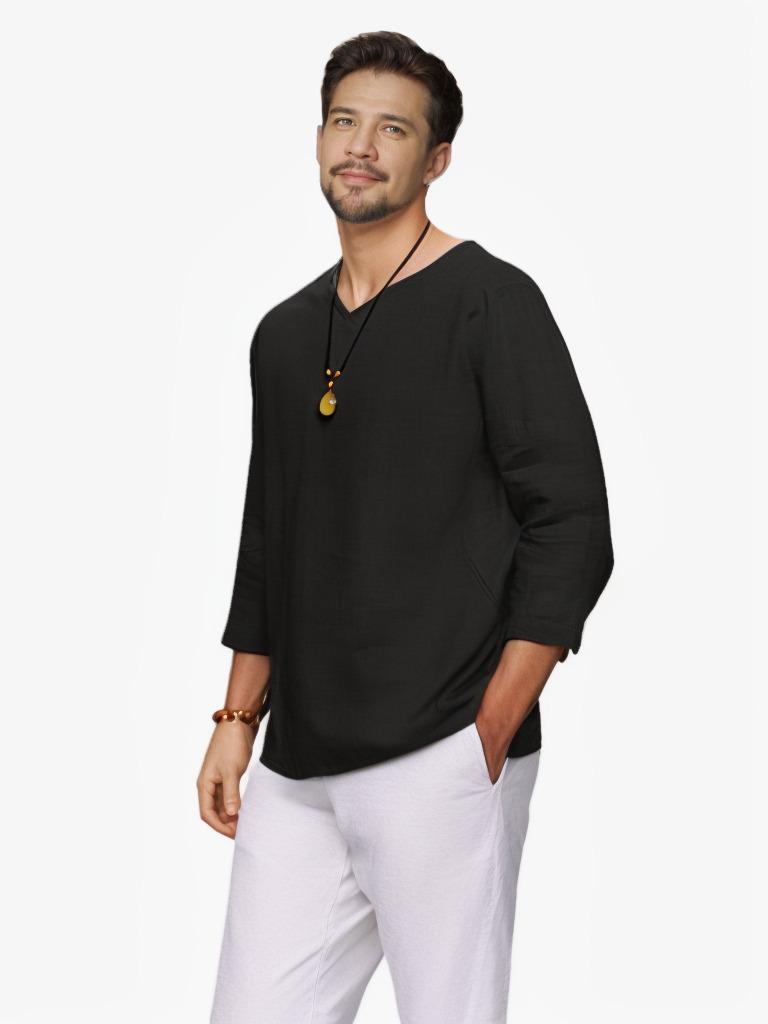 Men's V-Neck Long-Sleeve Cotton Linen Shirt - Anti-Theft Policy Applied