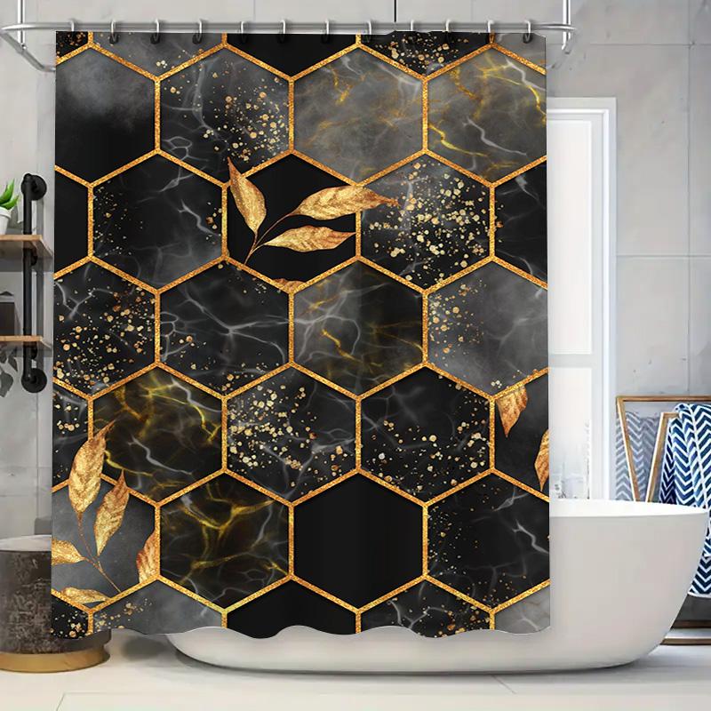 Luxury Hexagon Shower Curtain Set with Black Gold Marble Print for Bathroom Decor Waterproof Fabric Size 72 x 84 Inch (Black/Gol