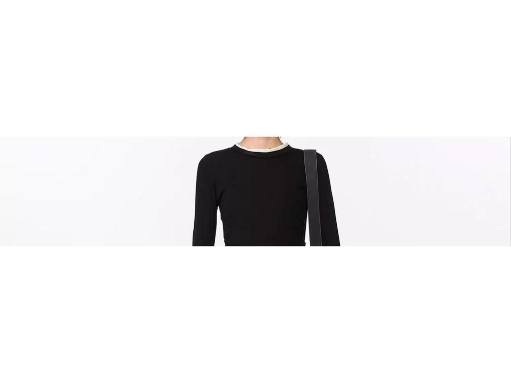 Black Faux Two-Piece Long-Sleeve T-Shirt - 2024 Spring/Autumn Pleated Color Block Slimming Fashion Top