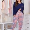 Set pijamale mărime mare pentru femei Pantaloni cu mâneci lungi Îmbrăcăminte acasă Gât rotund Pijamale 2 piese