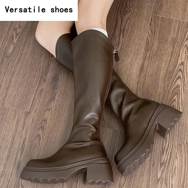Vintage Women Knee High Boots Fashion Back Zippers Shoes Square High Heel Autumn Winter Ladies Knight Long Booties