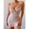 Kleider mit Spaghetti-Trägern mit Blumendruck Damen Sexy Tiefer Ausschnitt Ausgeschnitten Zum Schnüren Paket Hüfte Rüschen Mini-Kleid Weiblich Vestidos 2024