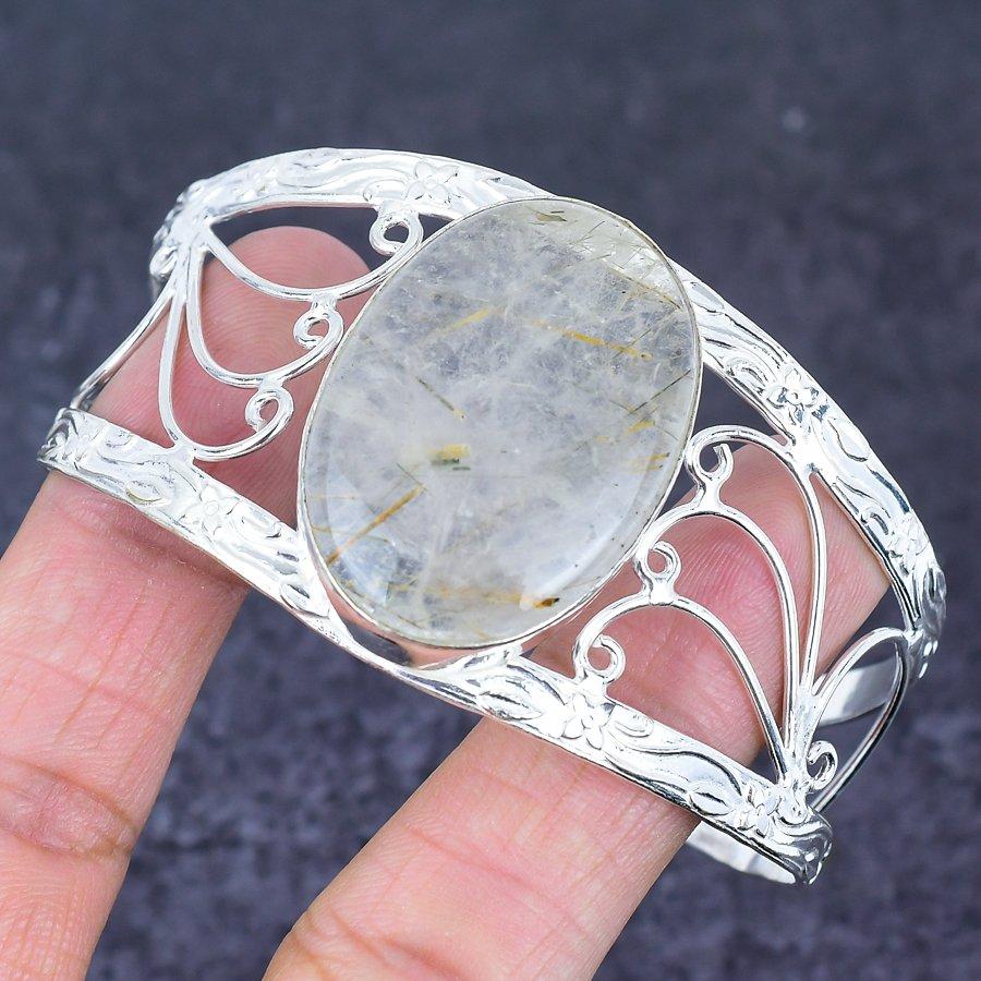 Natural Golden Rutile Gemstone 925 Sterling Silver Cuff Bangle Adjustable N4v16