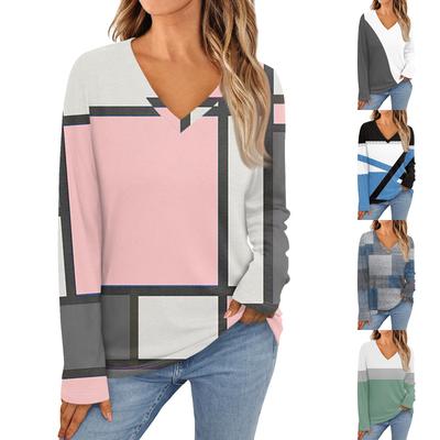 Damenmode Lässiges T-Shirt mit V-Ausschnitt und langen Ärmeln, bedruckt