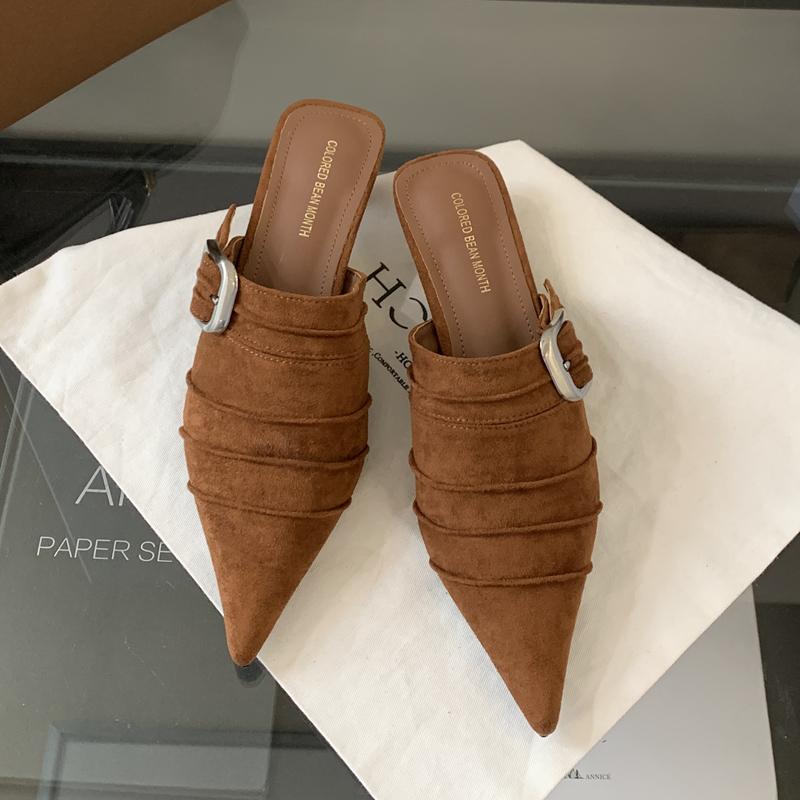Fashion SUOJIALUN 2025 New Brand Women Slipper Fashion Pointed Toe Slip On Mules Shoes Thin Med Heel Outdoor Dress Slides Pumps Shoes