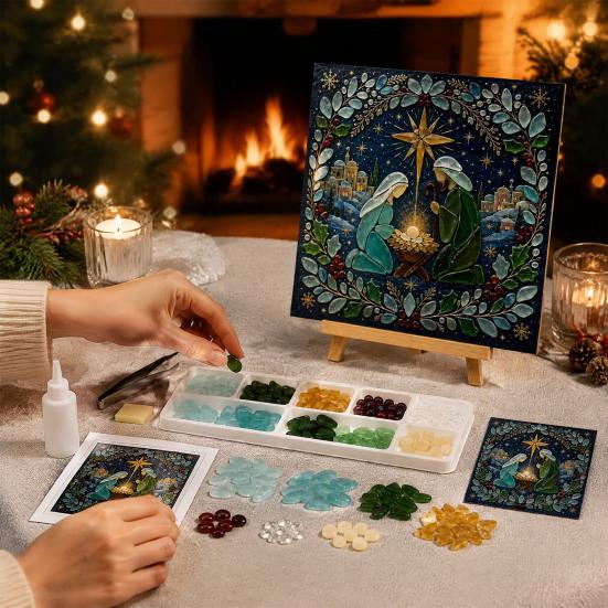Cozy Holiday Afternoon Activities Christmas Lighthouse Mosaic Art Kit for Adults, DIY Coastal Craft with Acrylic Tiles Colorful Pieces, Decoration
