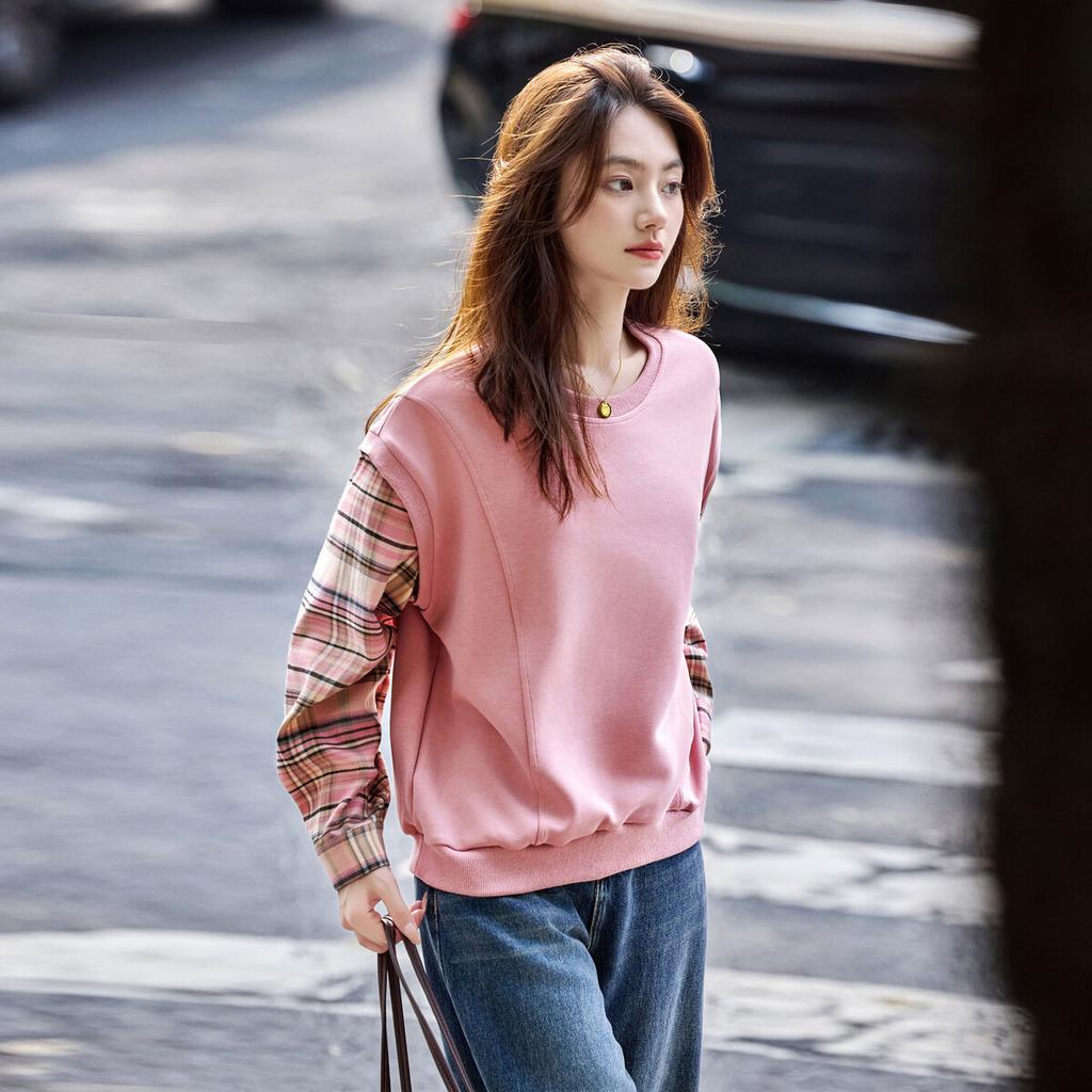 Autumn Round Neck Loose Versatile Pullover Korean Version Fake Two-piece Casual Contrasting Plaid Sweatshirt