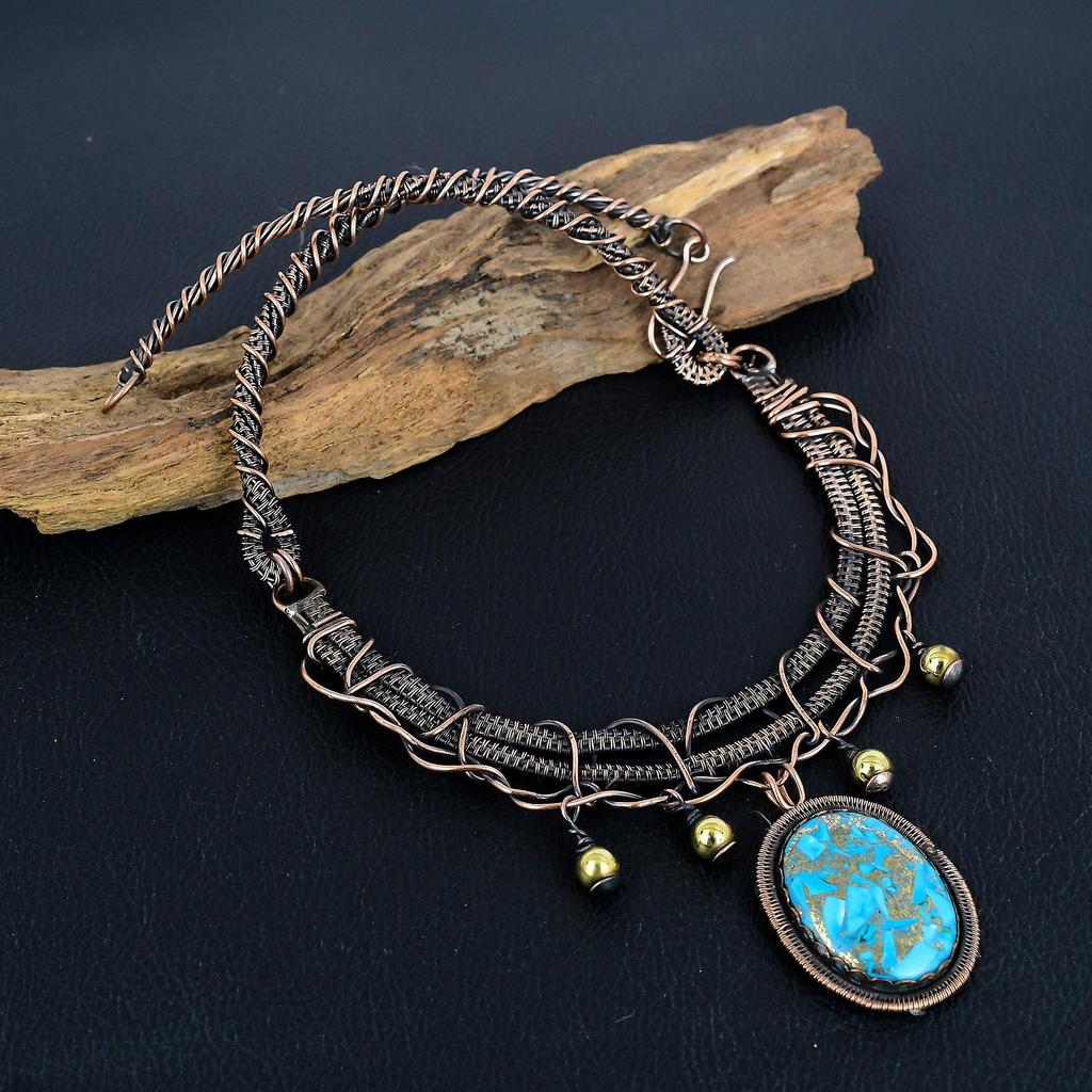 Copper Turquoise Necklace Gemstone Jewelry, 999 Copper Wire Wrapped Necklace, Adjustable Handmade Chain Necklace Gift For Wife Jewelry