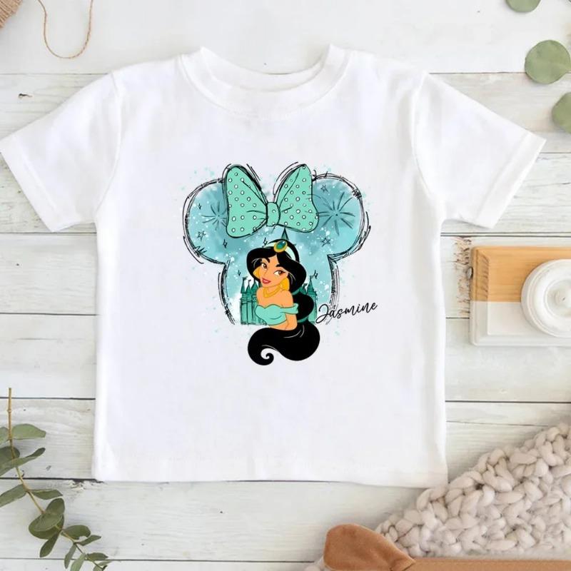 Disney Child Belle Princess Kawaii Printed T-shirt Baby Girl 100%cotton Soft Cartoon Clothing Cute Graphic Tops Kids Funny Tees