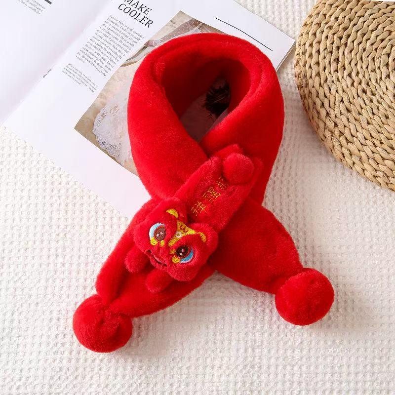 Red Cartoon Lion Dance Neck Warmer – Plush, Warm Scarf for Kids