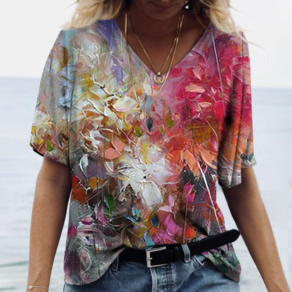 3d V-neck Floral Print Oversized Clothing Short-sleeved Blouse Harajuku Fashion Summer T-shirt