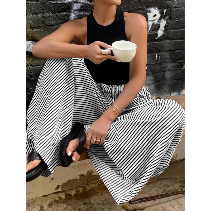 Fashion Striped Elastic Waist Straight Leg Wide Leg Pants Women Elegant Casual Loose Long Pants Spring Autumn Printed Simple Clothing