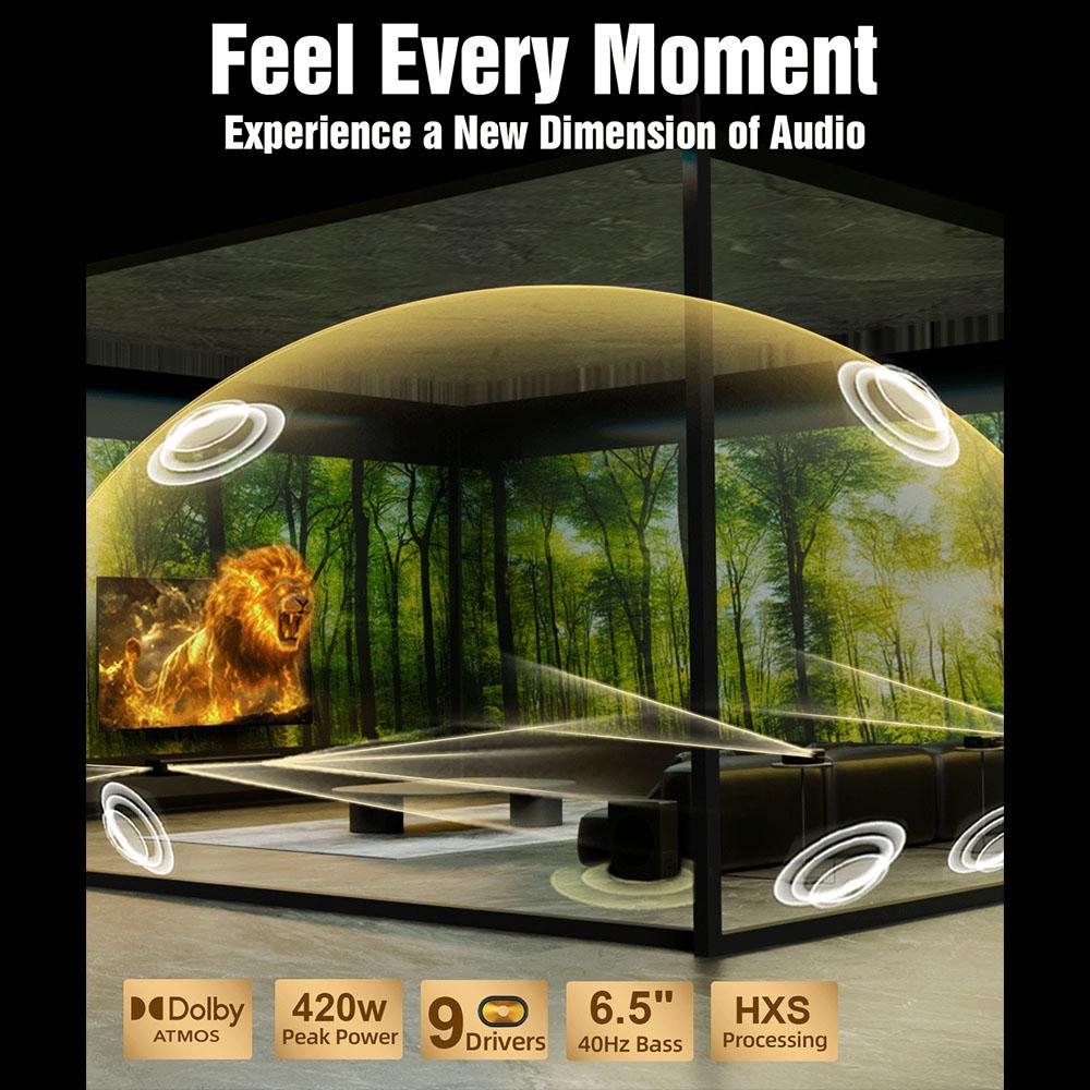 Hiwill A51 Pro Zestaw Głośników Soundbar 5.1 Kanałowy z Subwooferem , Dolby Atmos, Bezprzewodowy Subwoofer 6.5'', 9 Przetworników, Moc Szczytowa 420W