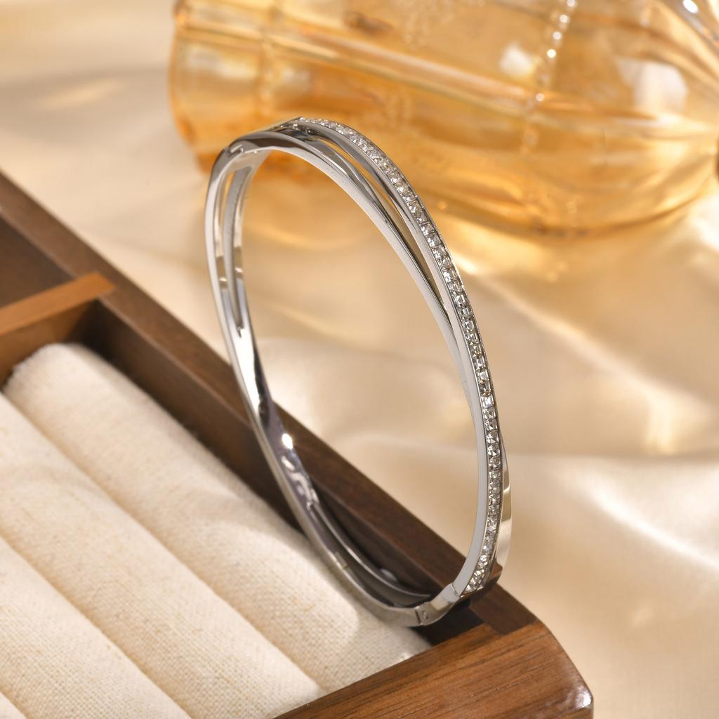Trendy Crossed Cubic Zirconia Stones Bangles Women Girls Stainless Steel Layered Cuff Hand Bracelets Jewellery Accessories