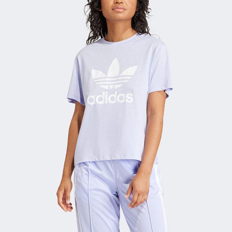 Adidas Koszulka damska z krótkim rękawem i okrągłym dekoltem z nadrukiem logo Originals Adicolor w formie liter fioletowa IN8439