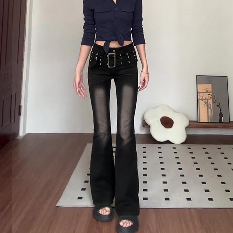 

Women s Retro Slim High-Waisted Bootcut Jeans - Autumn 2025 Style, Stretch Flattering Wide-Leg Floor-Length Pants XS чёрный