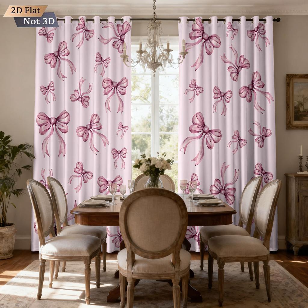 2pcs Pink Romantic Bow Print Blackout Curtains   Multi Size Living Room Bedroom Insulation   Holiday Decoration   Easy Installation