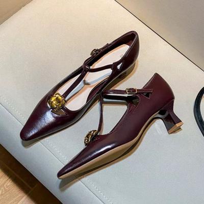 Fashion Autumn New Thin Heel Single Shoes Women's Pointed Head Shallow Mouth Metal Flower Anti-slip Wear-resistant Low-top Shoes