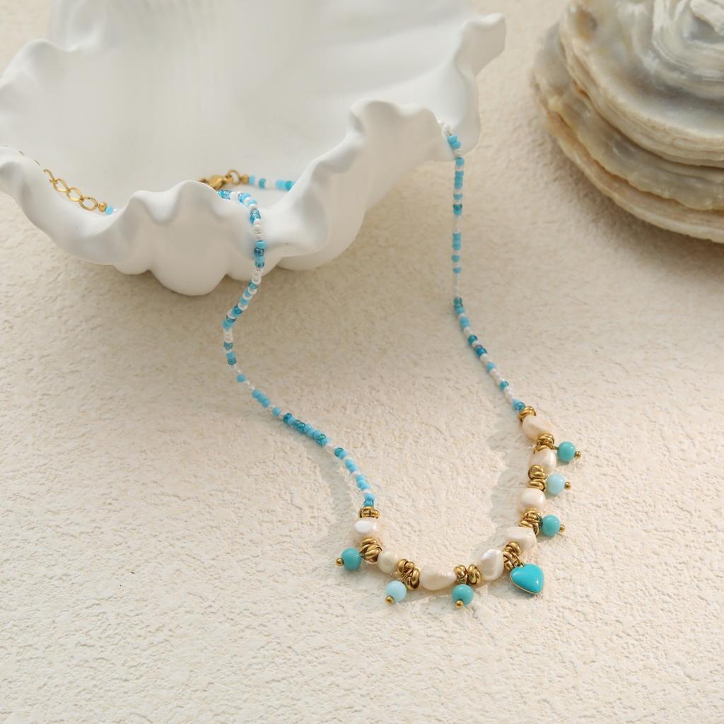 GEMCHIC Women's Ocean Style Blue Green Fish Heart Beaded Necklace Stainless Steel Layered Choker Jewelry