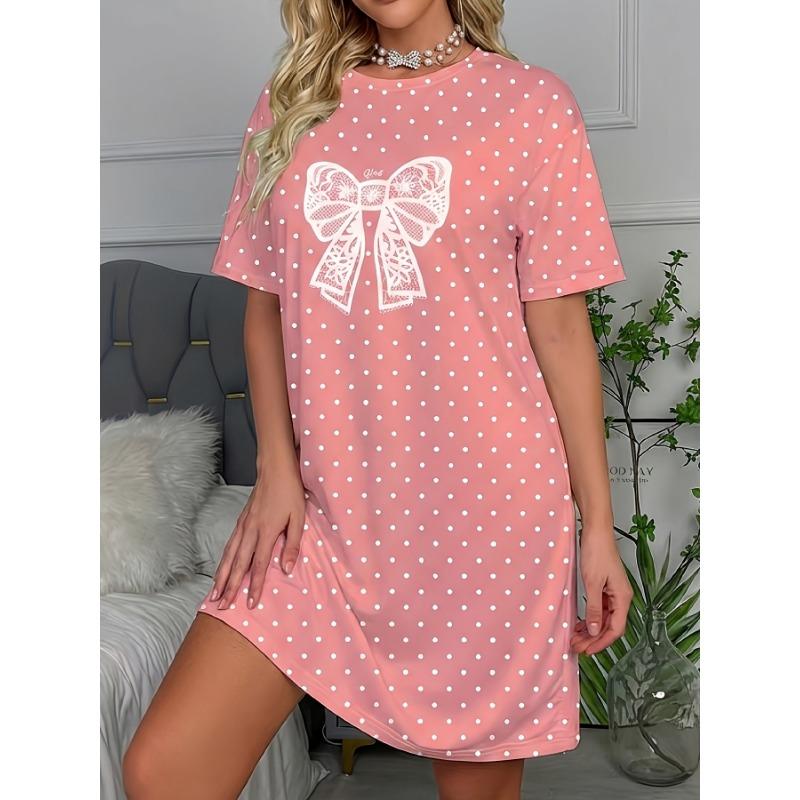Women's Short-Sleeve Nightgown/Sweet Polka Dot Bow Print Loose T-Shirt Dress/Soft and Comfortable Casual Loungewear