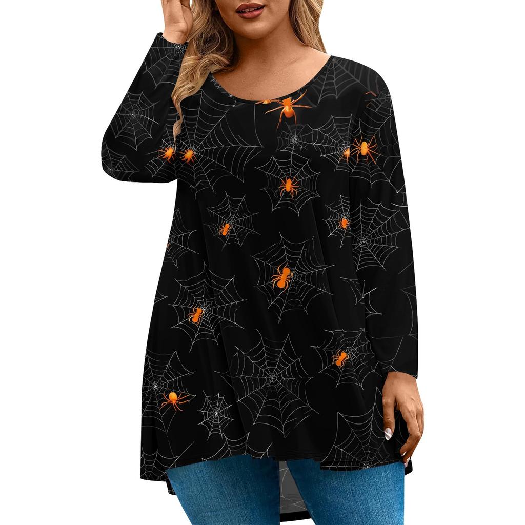 Women's Fashion Large Size Round Neck Long Sleeve Casual Halloween Print Loose Pullover Top