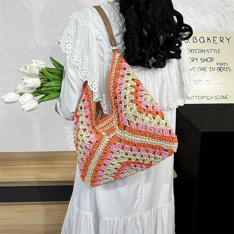 Hollow Out Woven Shoulder Bag Fashi Versatile Bohemian Beach Vacati Handbag Color-blocked Design Women's Underarm Bag
