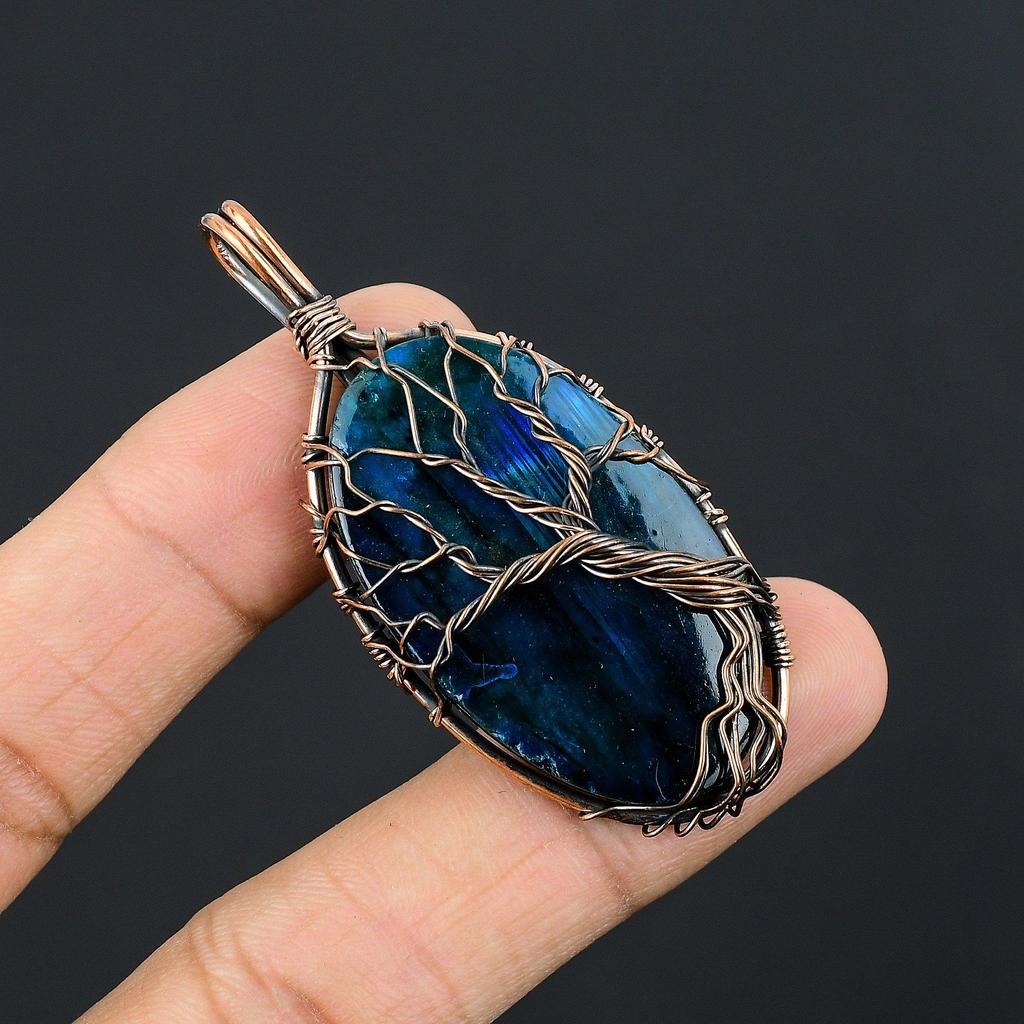 Blue Flash Labradorite Handmade Pendant, Natural Gemstone Jewelry, 999 Copper Wire Wrapped Pendant Jewelry, For Gift