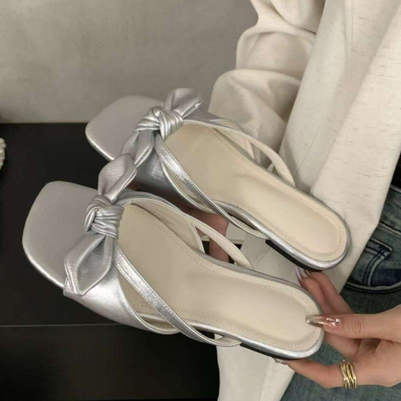 Fashion Butterfly Knot Low Heel Slippers Summer New Square Head Open-toe Line with Soft Soles Anti-slip Wear-resistant Flat Shoes