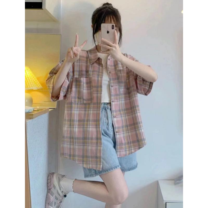 Women's Summer Pink Plaid Polo Collar Short Sleeve Shirt Jacket - Japanese Retro Style