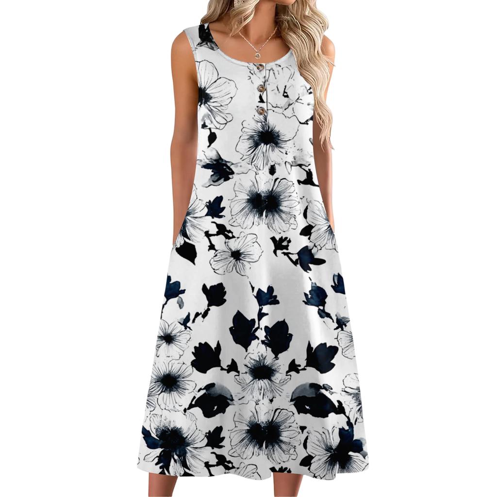 Women's Fashion Casual Sleeveless Button Floral Print Dress with Pocket