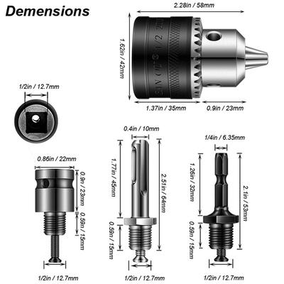 1.5-13mm Converter 1/2"-20UNF Key Drill Chuck Thread Quick Change Adapter SDS 1/4" Hex Impact Driver Wrench Bit Connecting Rod