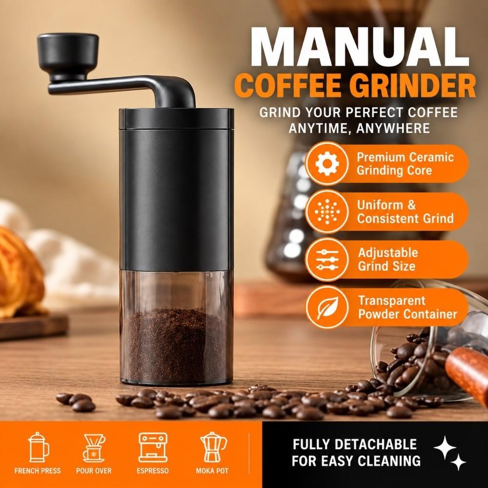 Ceramic Burr Manual Coffee Grinder Hand Crank Portable Adjustable Grinder Feeding Tube