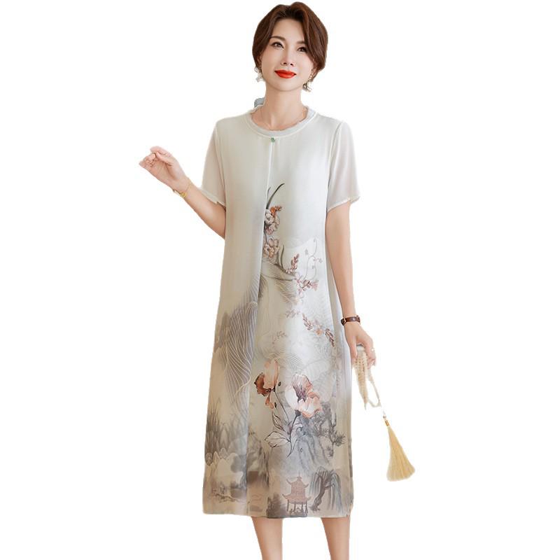 Elegant Ice Silk Summer Dress for Middle-Aged Women - Short Sleeve, Knee-Length, Chinese-Inspired Design