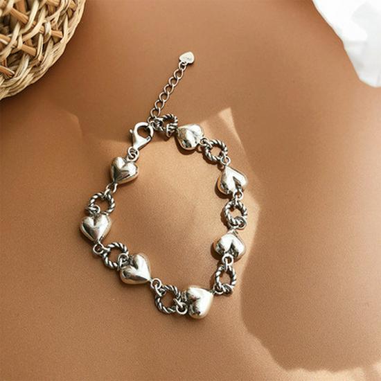 S925 Sterling Silver Retro Heart Bracelet for Women - Vintage Thai Silver Twist Circle Design S925 Silver