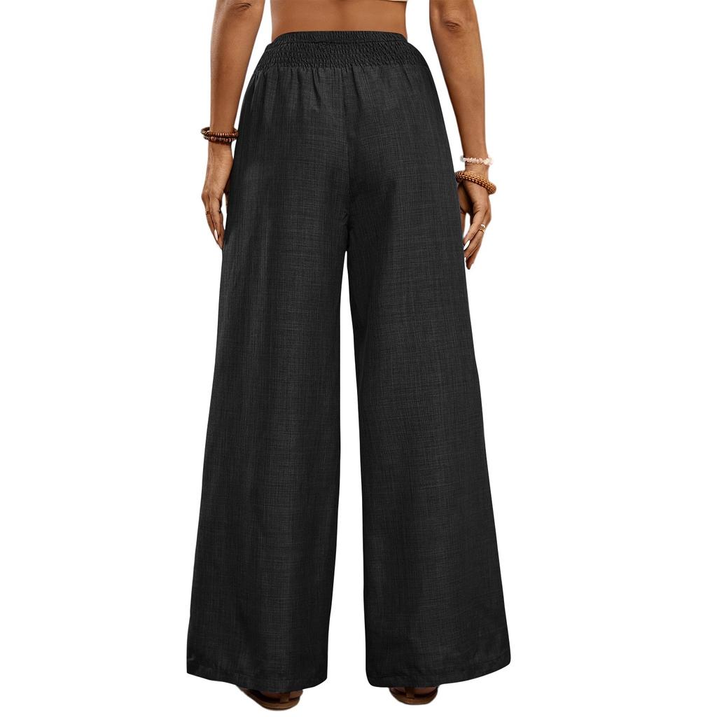 Damen Einfarbig Plissee Taille Kordelzug Locker Weites Bein Gerades Bein Hose