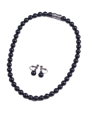 9mm Natural Jet Necklace and EarringsPiercings 2-Piece Set, Made In Japan (Earring Set, Jet Black)